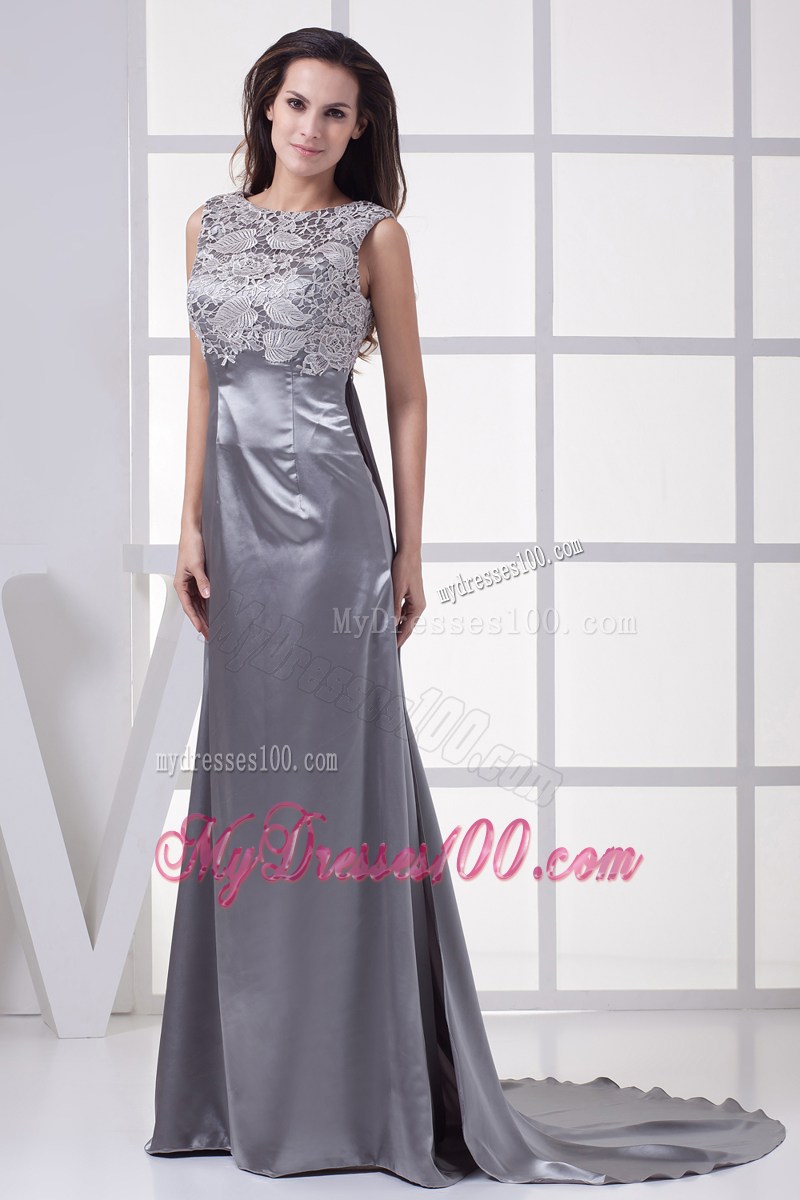 Lace Scoop Grey Column Brush Train Prom Dress
