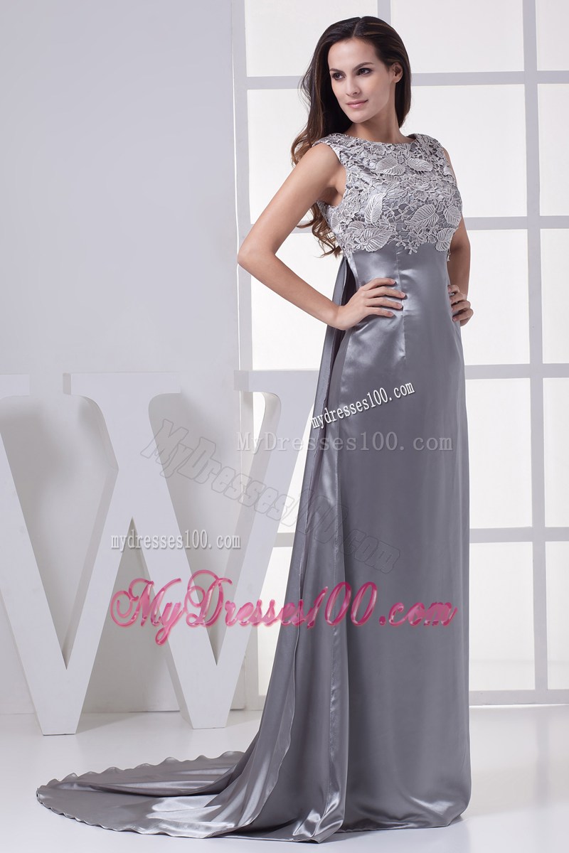 Lace Scoop Grey Column Brush Train Prom Dress