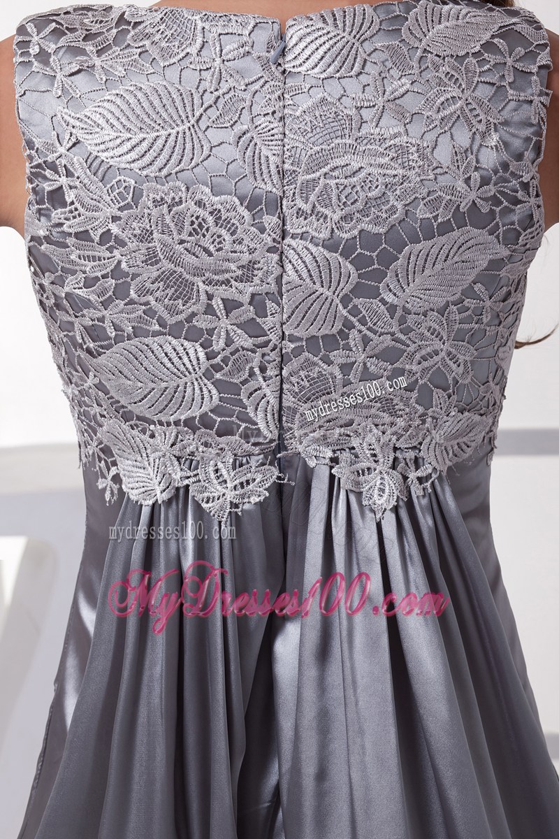 Lace Scoop Grey Column Brush Train Prom Dress