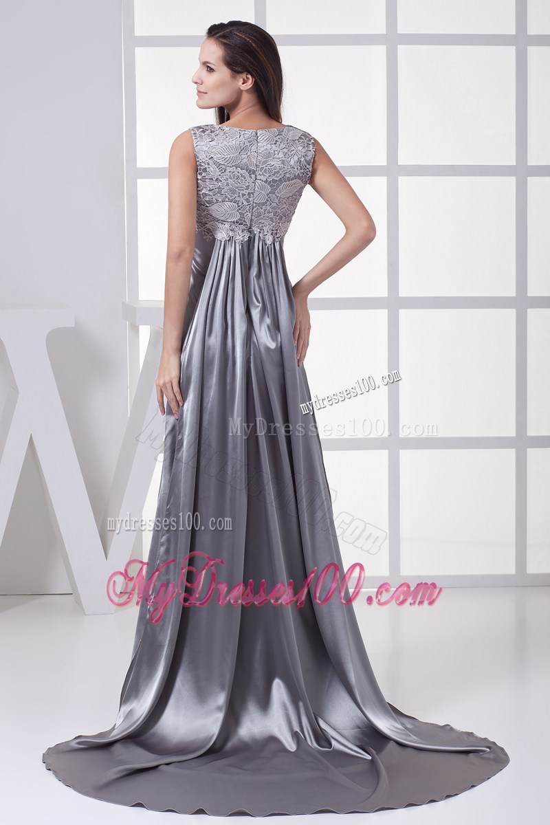 Lace Scoop Grey Column Brush Train Prom Dress