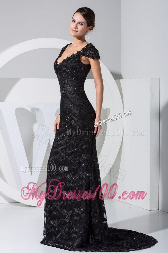 Lace With Beading Scoop Brush Train Cap Sleeves Column 2013 Pageant Dresses