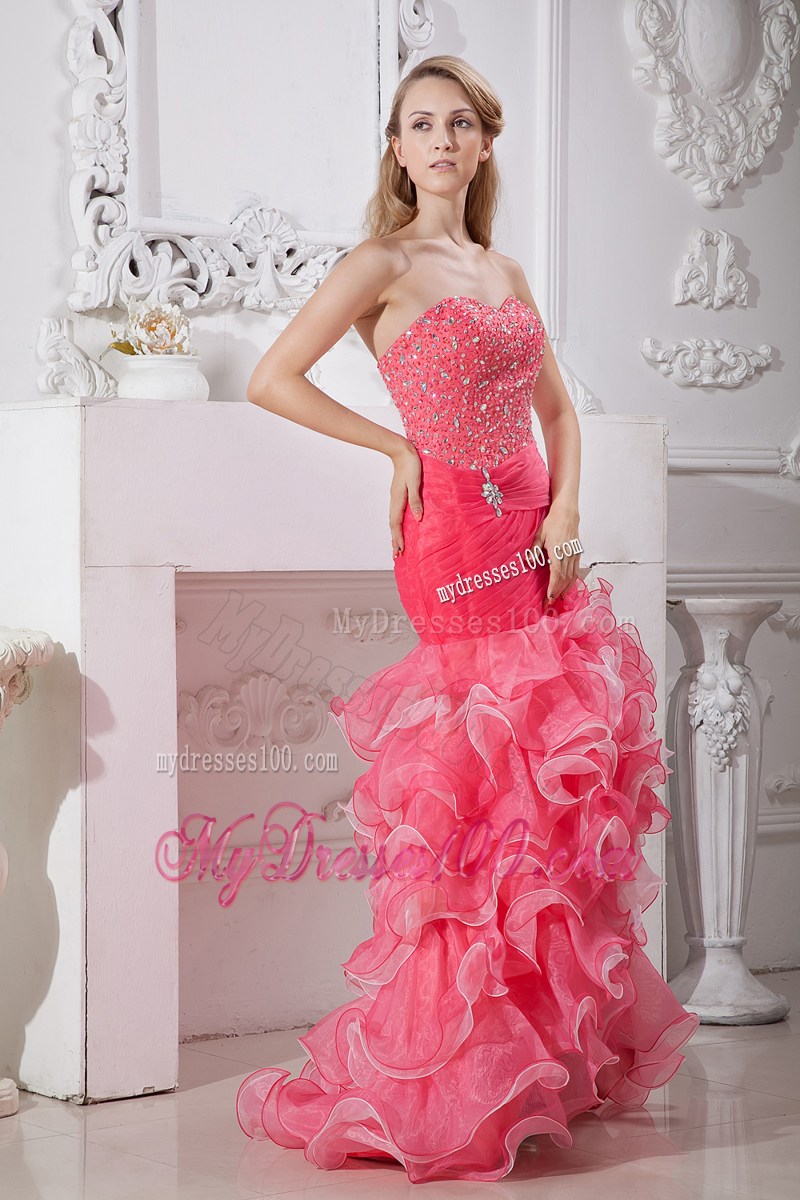 Beautiful Coral Red and Light Pink Mermaid High-low Prom Dress with Beading