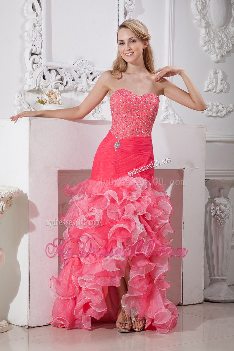 Beautiful Coral Red and Light Pink Mermaid High-low Prom Dress with Beading