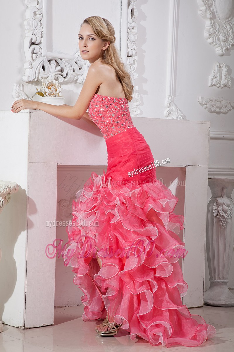 Beautiful Coral Red and Light Pink Mermaid High-low Prom Dress with Beading