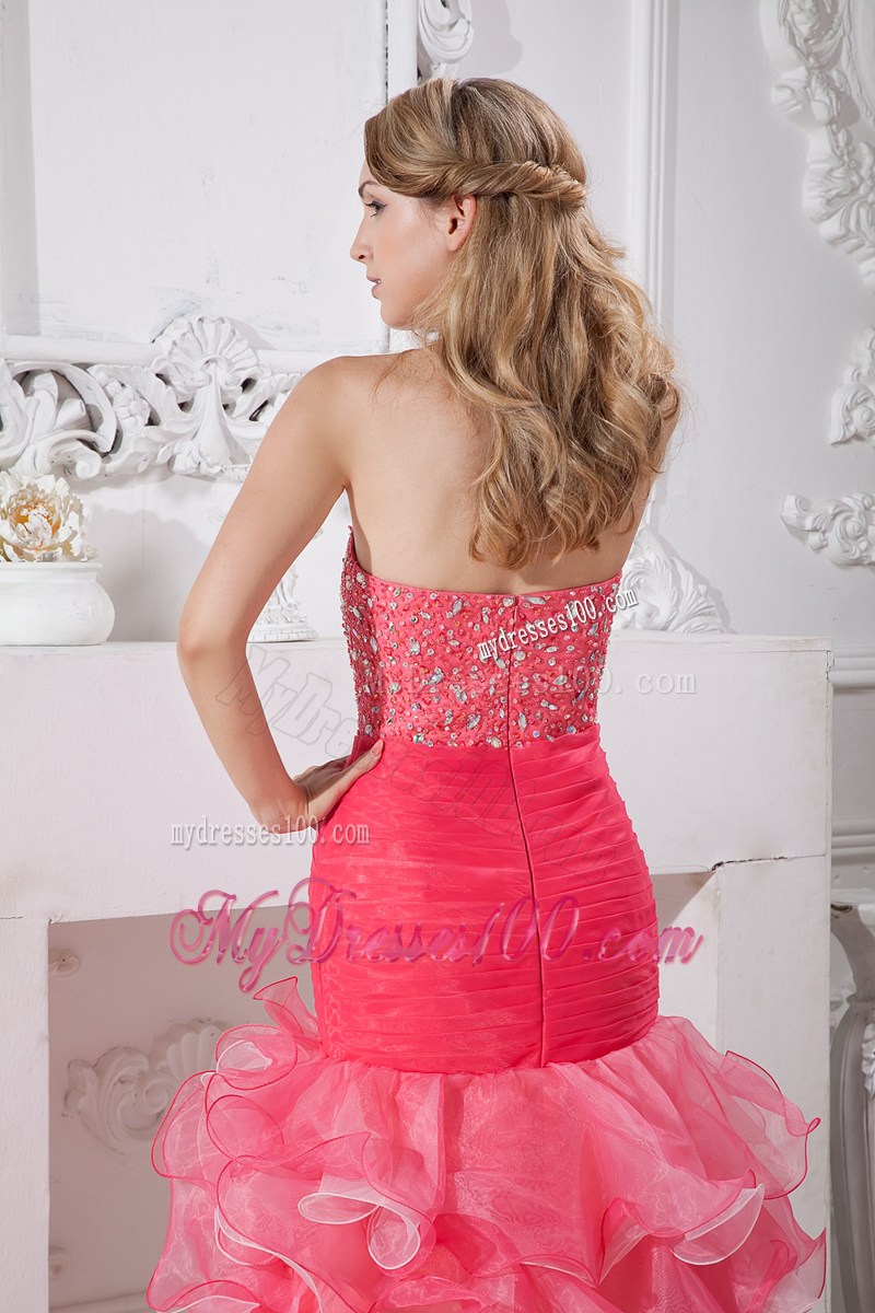 Beautiful Coral Red and Light Pink Mermaid High-low Prom Dress with Beading