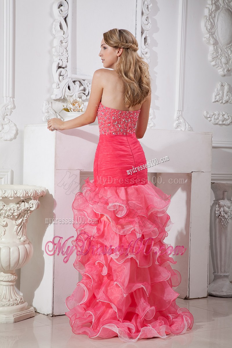 Beautiful Coral Red and Light Pink Mermaid High-low Prom Dress with Beading