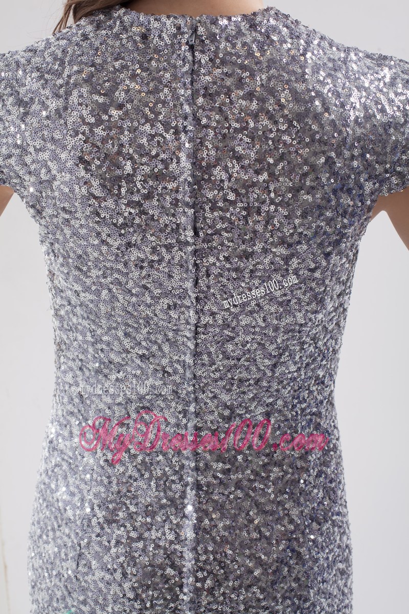 Mermaid Cap Sleeves Scoop Gray Sequin Prom Dress