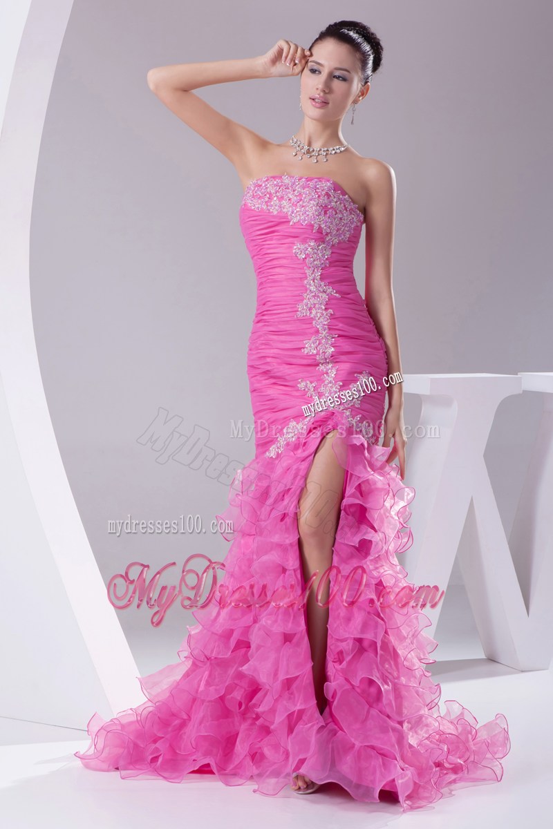 Mermaid Hot Pink Appliques Ruching Ruffled Layers Prom Dress