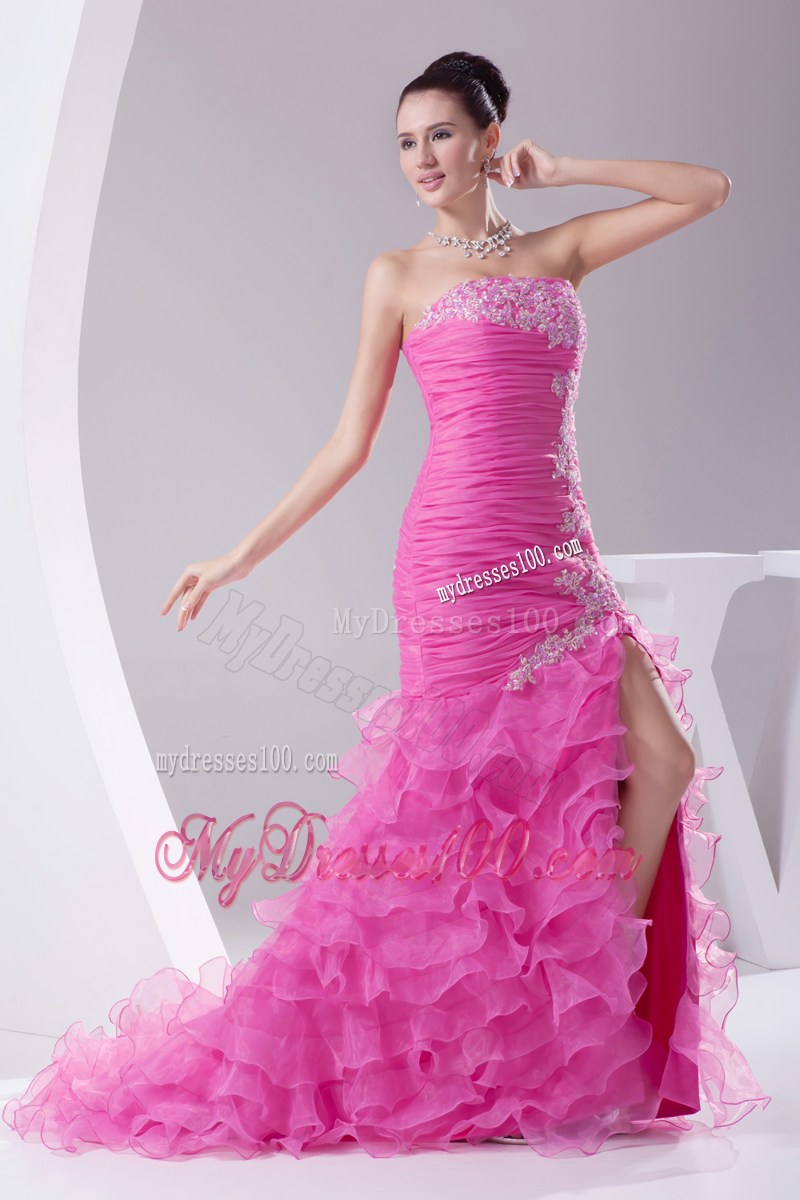 Mermaid Hot Pink Appliques Ruching Ruffled Layers Prom Dress