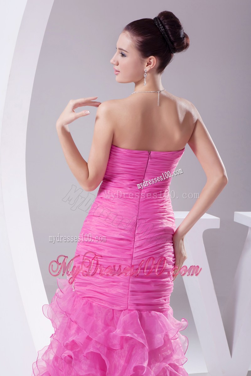 Mermaid Hot Pink Appliques Ruching Ruffled Layers Prom Dress