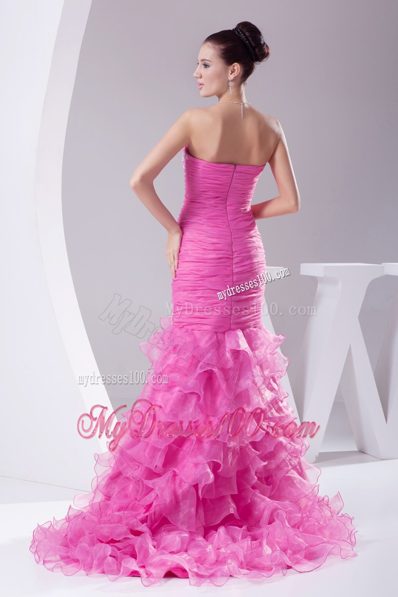 Mermaid Hot Pink Appliques Ruching Ruffled Layers Prom Dress
