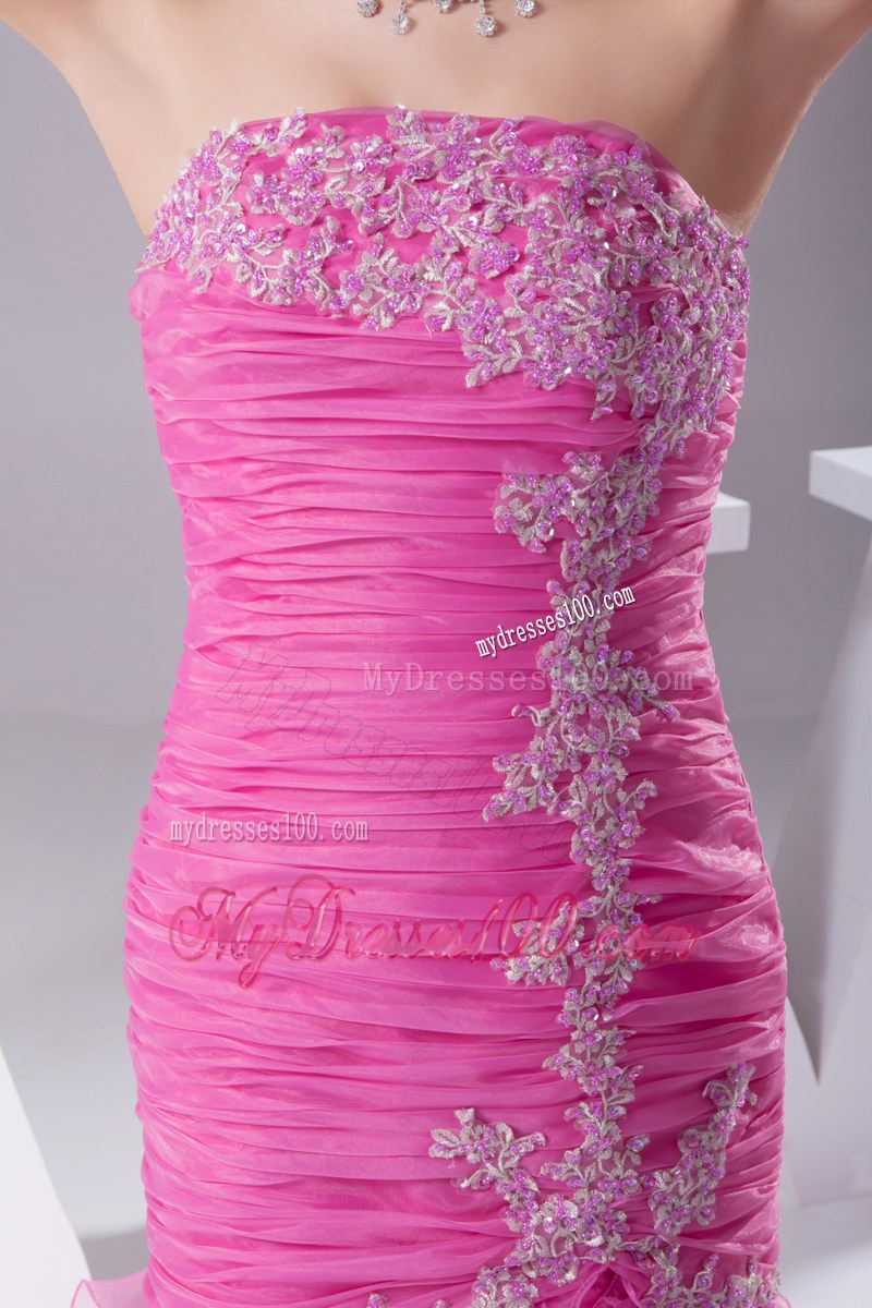 Mermaid Hot Pink Appliques Ruching Ruffled Layers Prom Dress