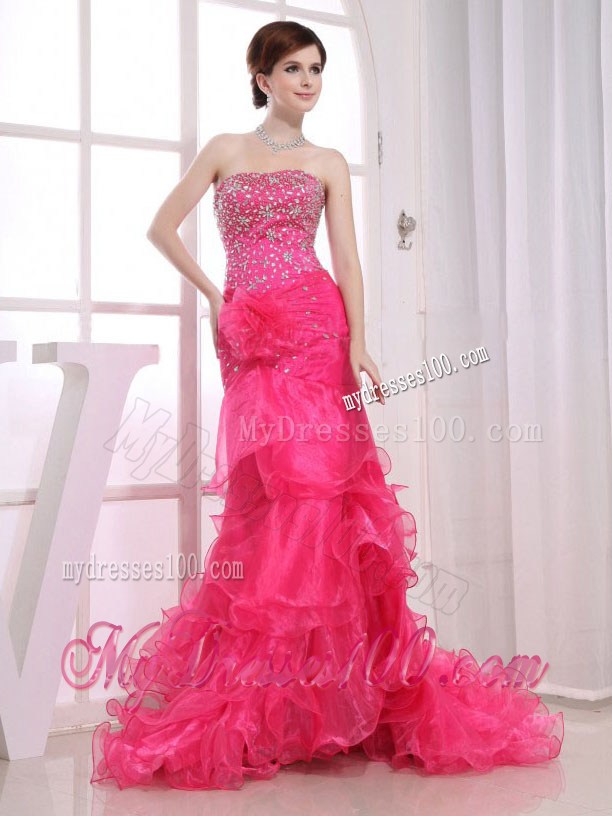 Mermaid Strapless Brush Train Hot Pink Pageant Dresses with Beading