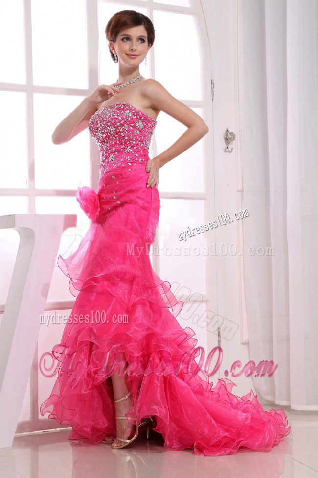 Mermaid Strapless Brush Train Hot Pink Pageant Dresses with Beading