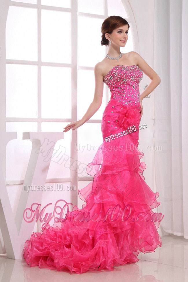 Mermaid Strapless Brush Train Hot Pink Pageant Dresses with Beading