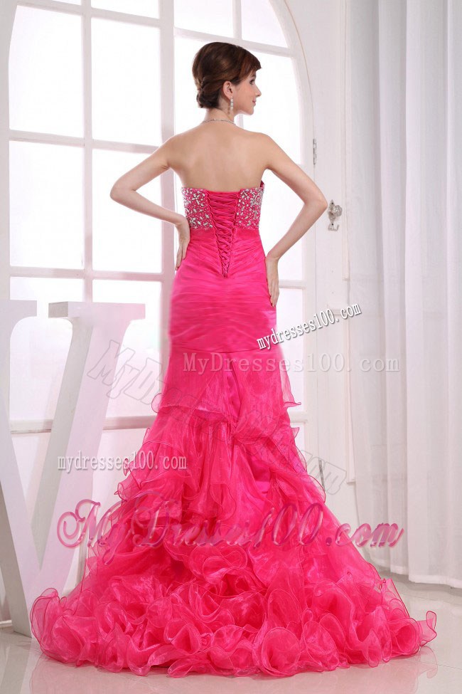 Mermaid Strapless Brush Train Hot Pink Pageant Dresses with Beading