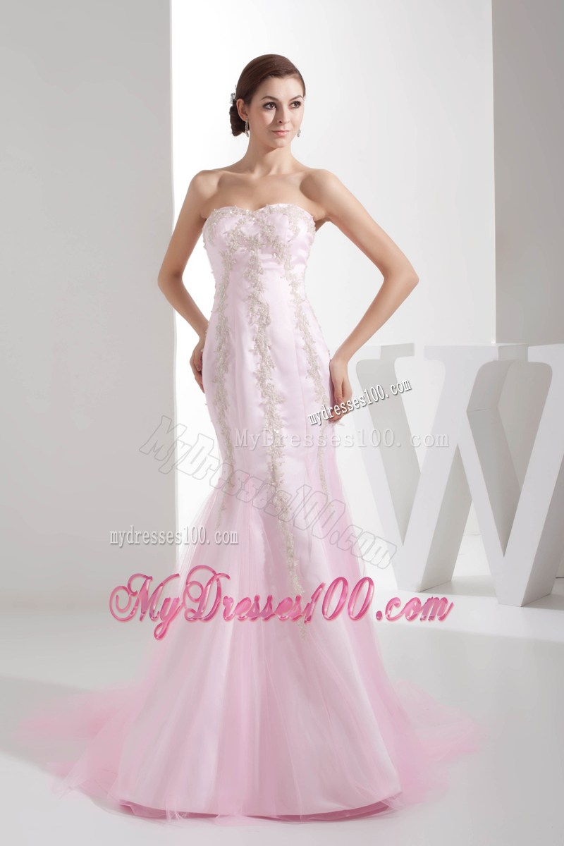 Mermaid Sweetheart Brush Train Baby pink Pageant Dresses with Appliques