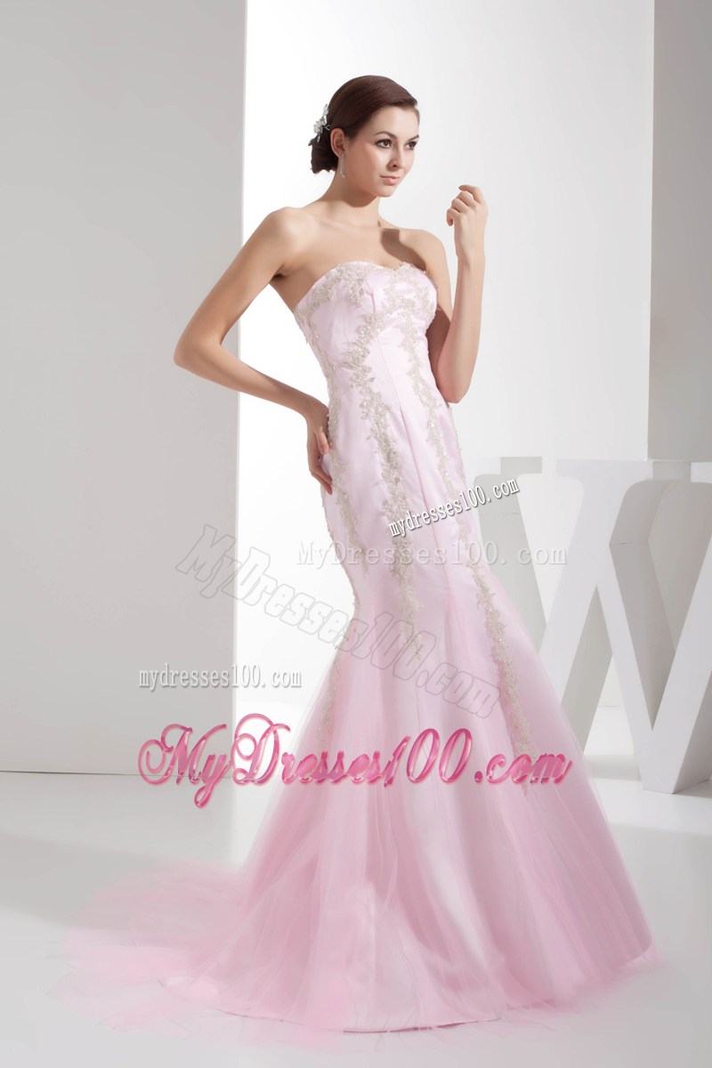 Mermaid Sweetheart Brush Train Baby pink Pageant Dresses with Appliques