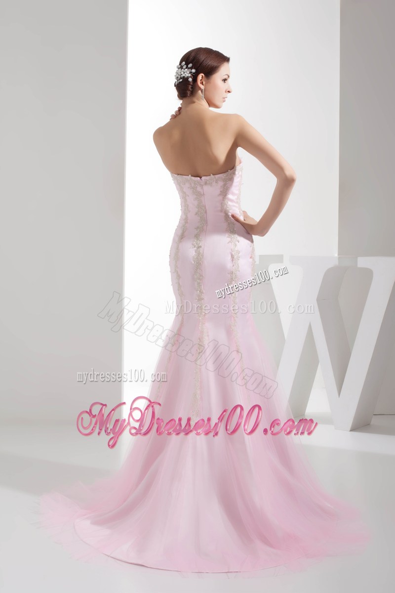 Mermaid Sweetheart Brush Train Baby pink Pageant Dresses with Appliques