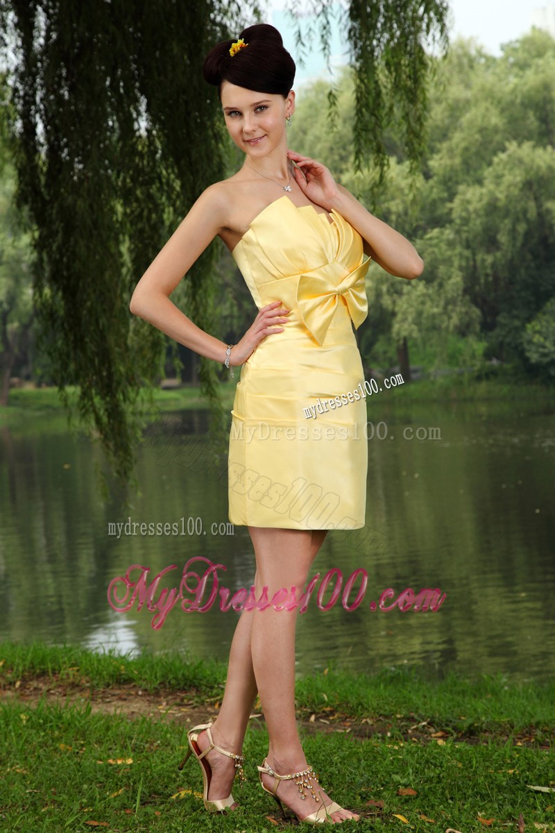 Yellow Column Strapless Prom Homecoming Dress Bowknot Mini-length