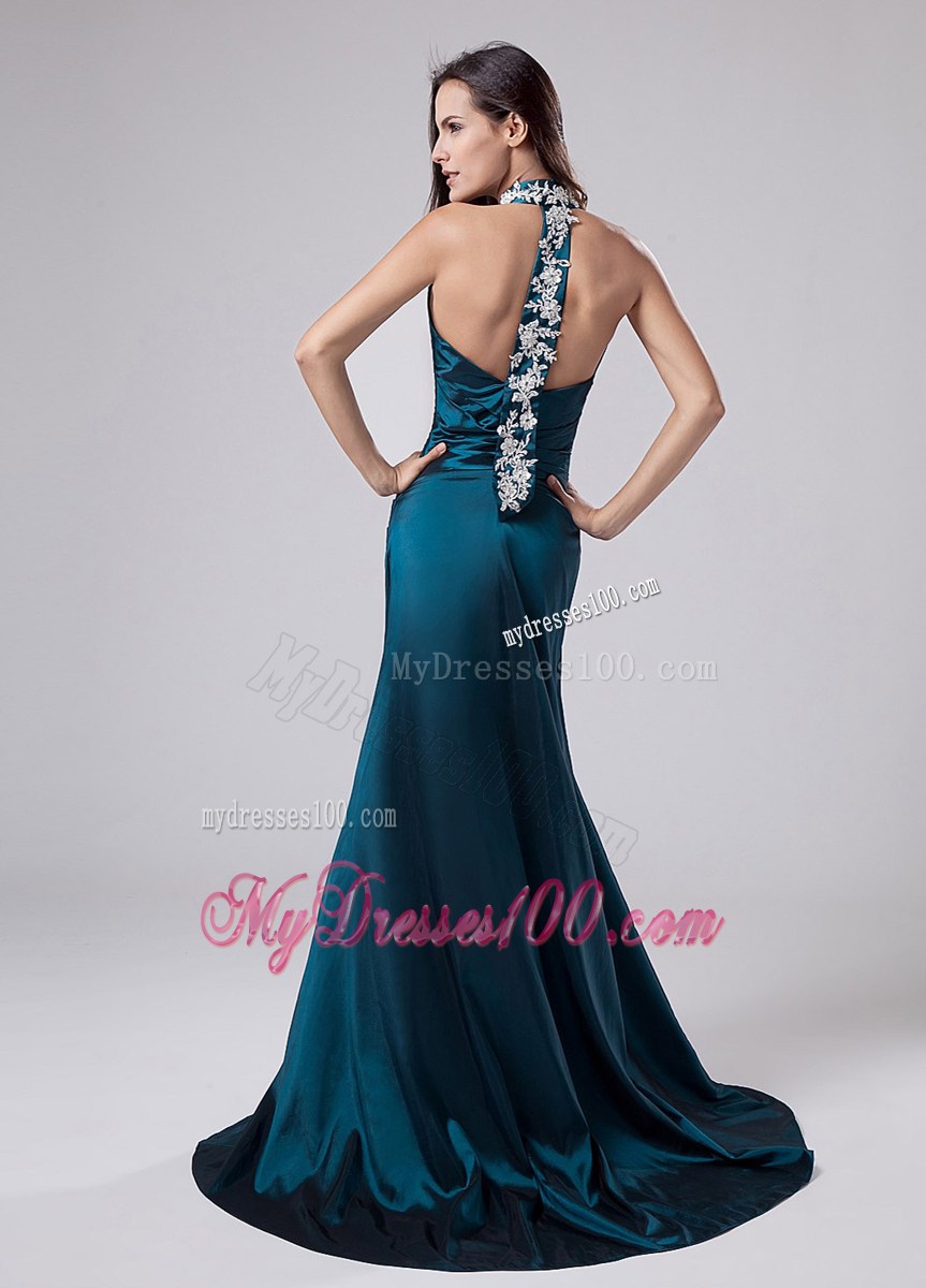 Modest Halter Turquoise Pageant Dresses with Appliques and Ruches
