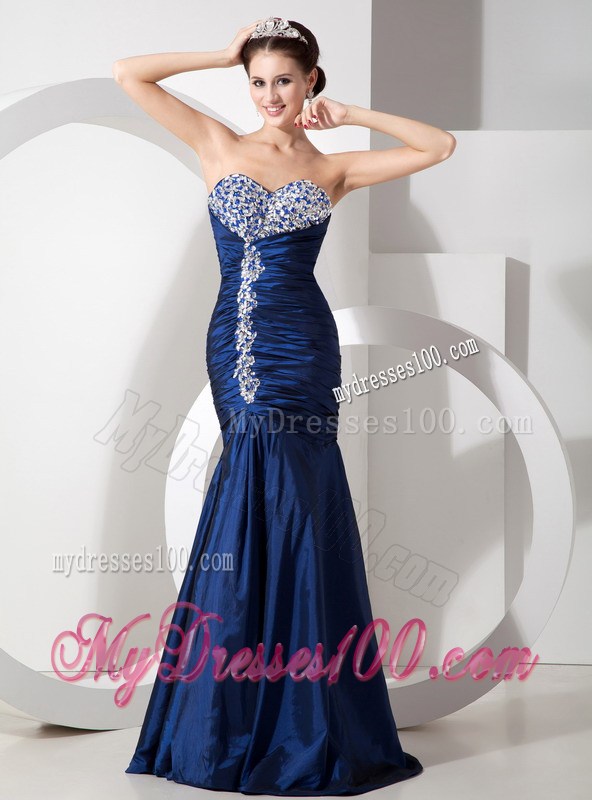 Modern Navy Blue Mermaid Pageant Dress with Ruching and Beading