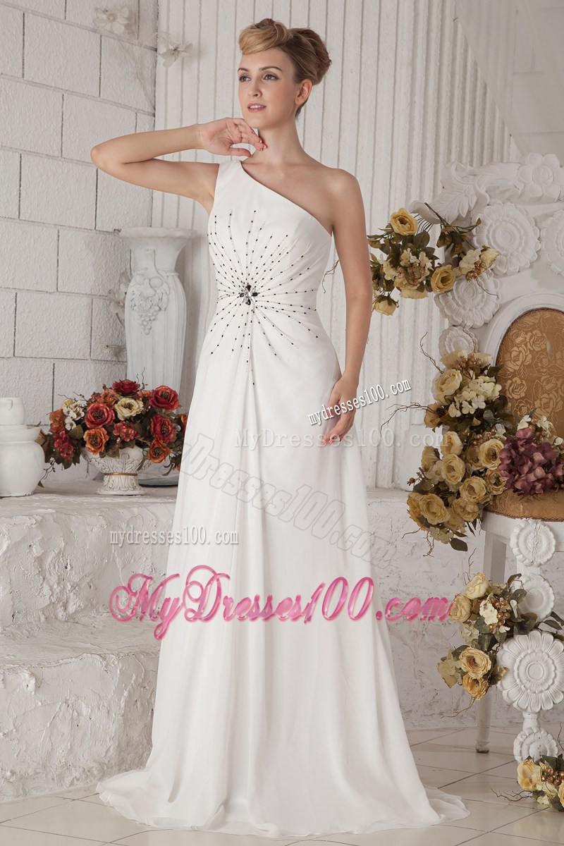 White Empire One Shoulder Brush Train Pageant Dresses with Beading