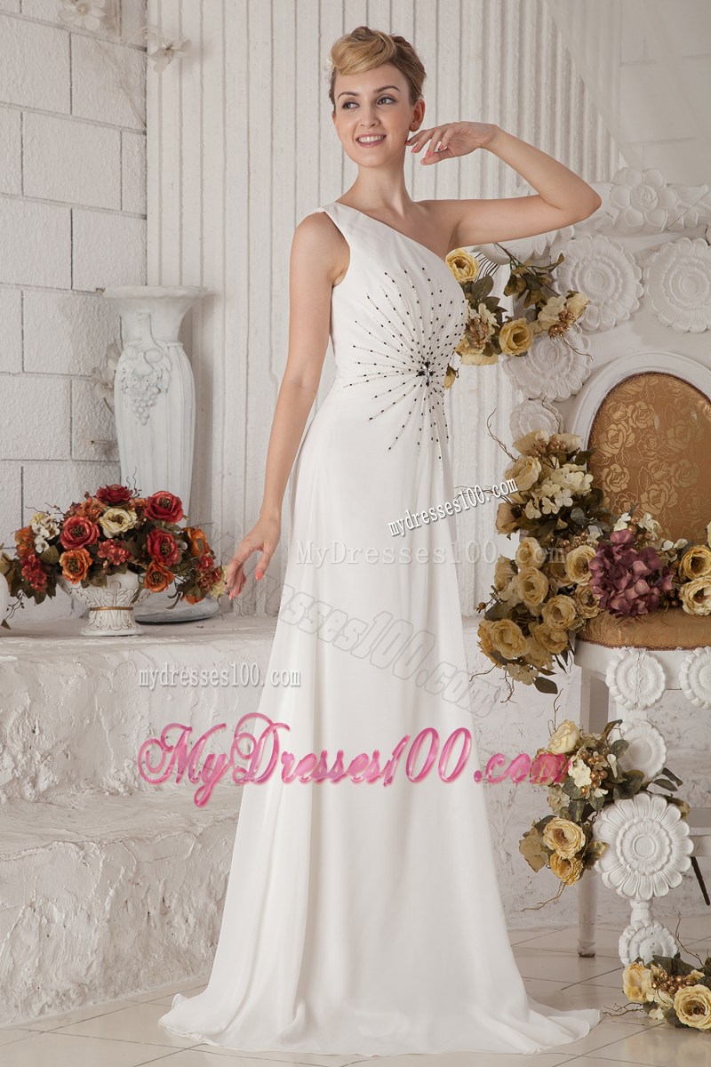 White Empire One Shoulder Brush Train Pageant Dresses with Beading
