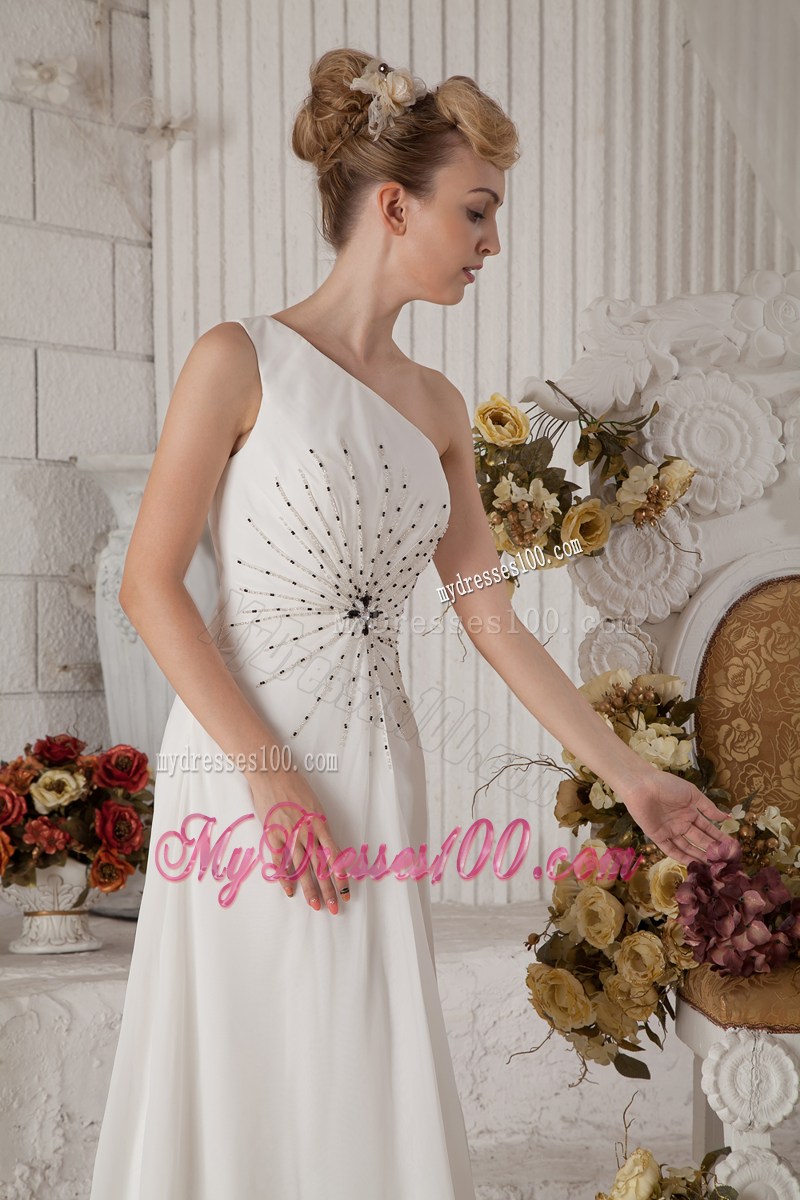White Empire One Shoulder Brush Train Pageant Dresses with Beading