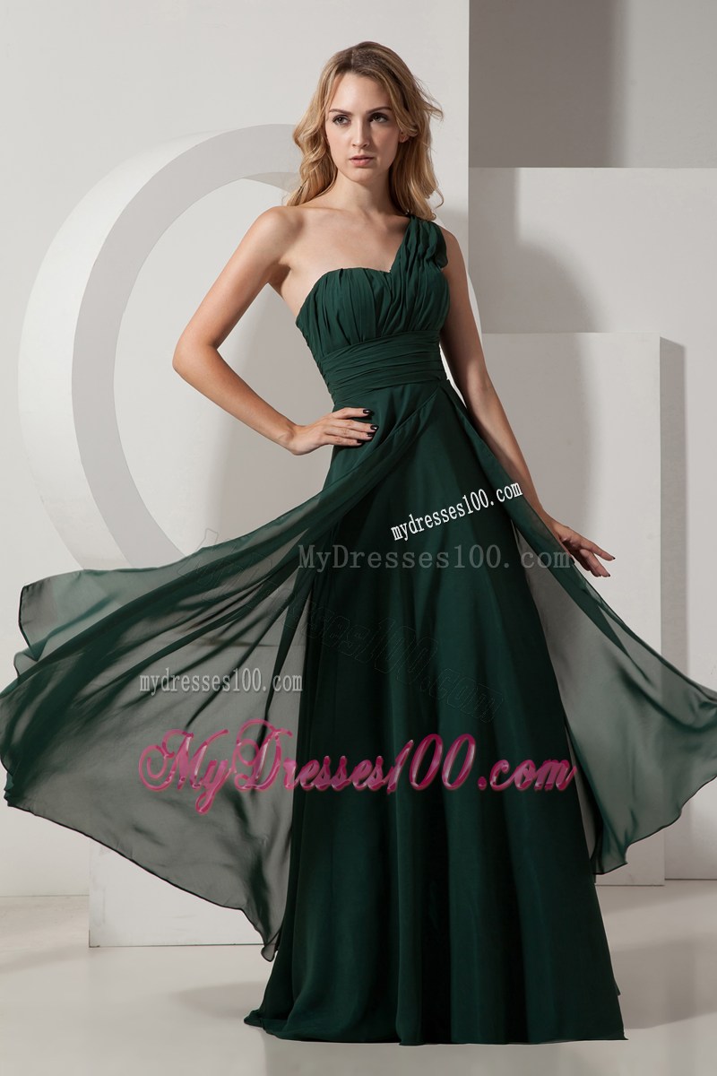 Dark Green One Shoulder Pageant Dresses with Ruches