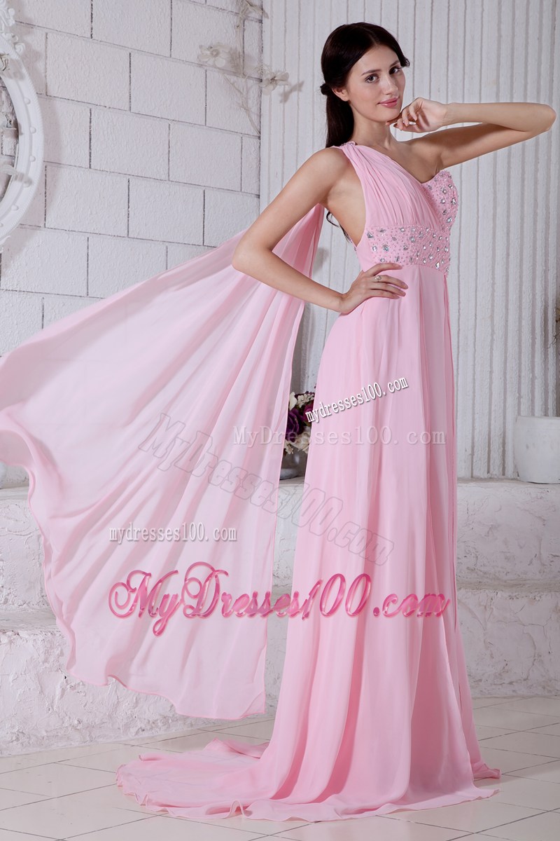 2013 Rose Pink Empire One Shoulder Beading Pageant Dresses Watteau Train