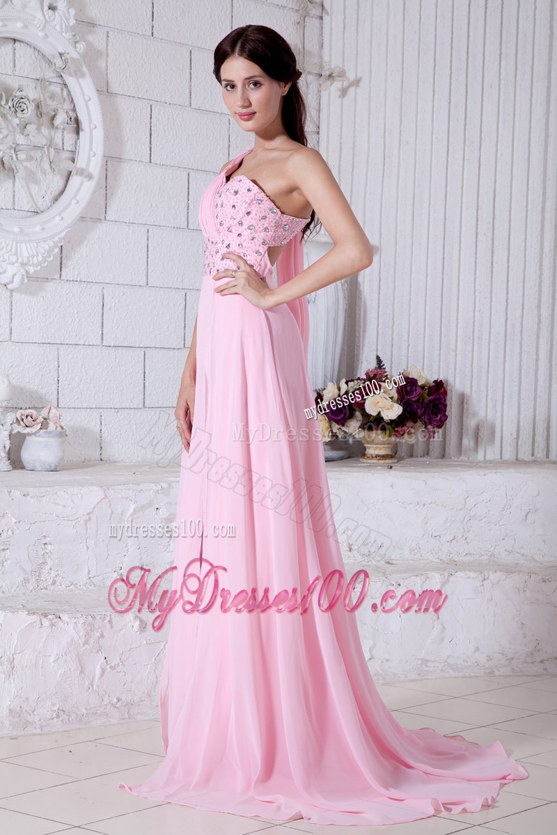 2013 Rose Pink Empire One Shoulder Beading Pageant Dresses Watteau Train