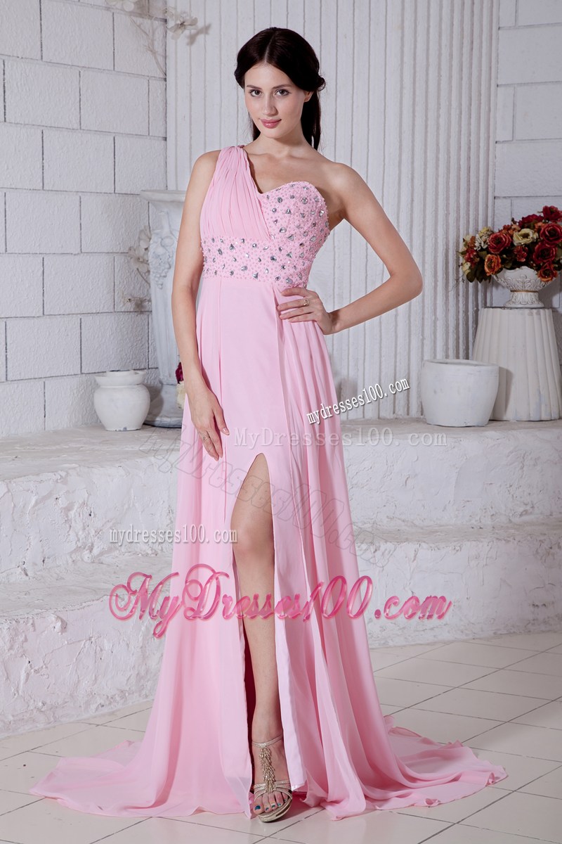 2013 Rose Pink Empire One Shoulder Beading Pageant Dresses Watteau Train