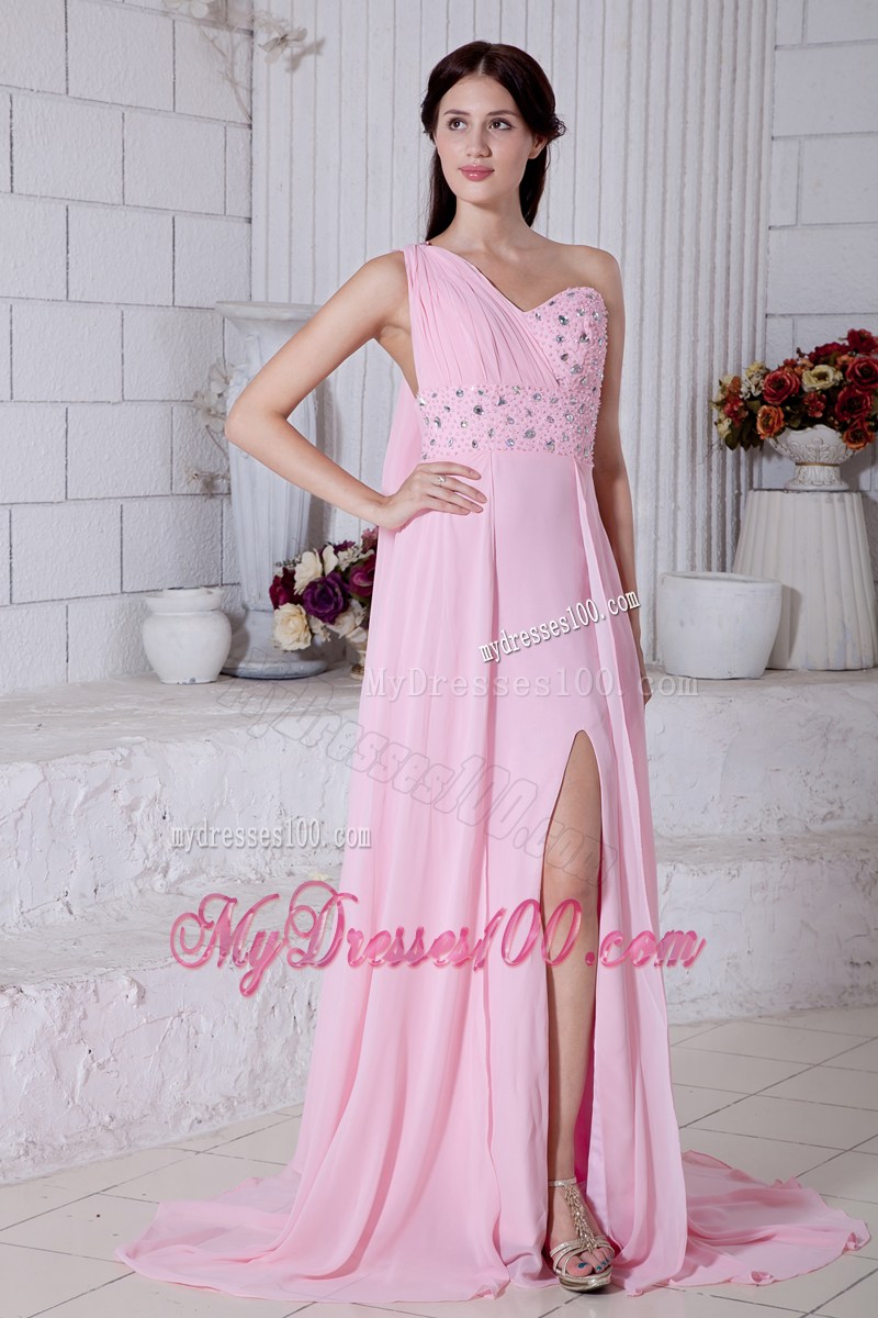 2013 Rose Pink Empire One Shoulder Beading Pageant Dresses Watteau Train