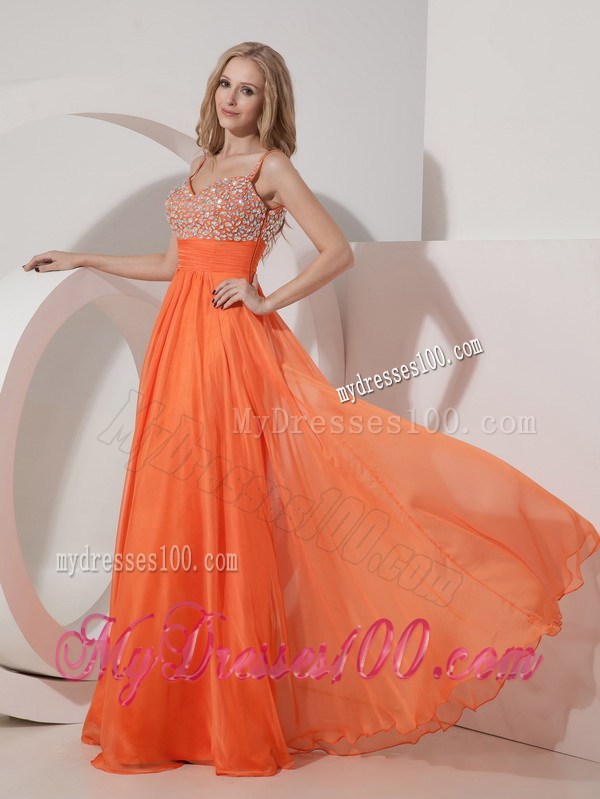 Customize Orange Empire Straps Pageant Dresses with Beading Floor-length
