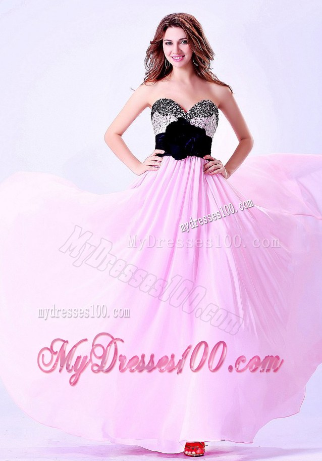 Pink and Black Sweetheart Beaded Prom / Evening Dress With Hand Made Flower