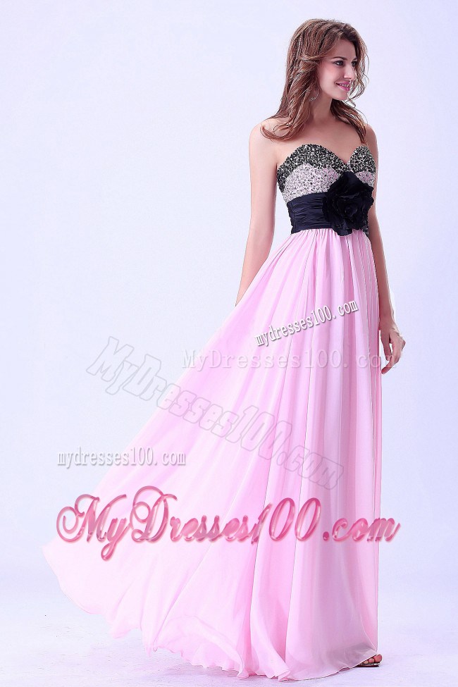 Pink and Black Sweetheart Beaded Prom / Evening Dress With Hand Made Flower