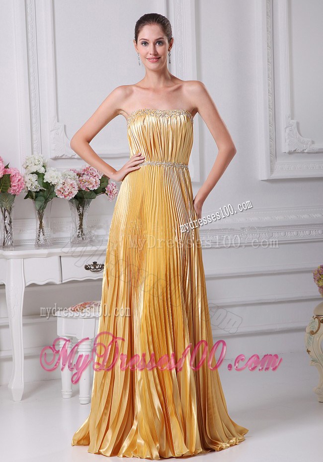 Pleat Over Skirt and Beading For Gold Prom Dress Custom Made