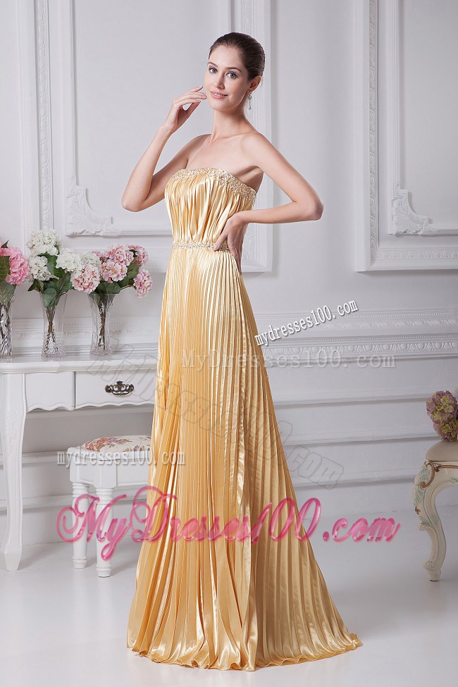 Pleat Over Skirt and Beading For Gold Prom Dress Custom Made
