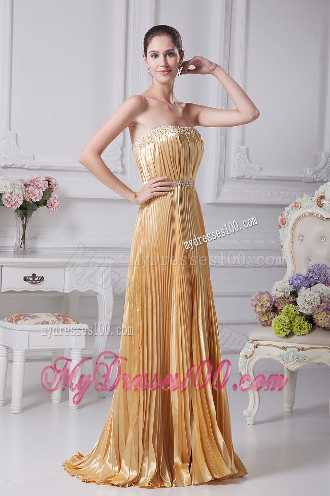 Pleat Over Skirt and Beading For Gold Prom Dress Custom Made