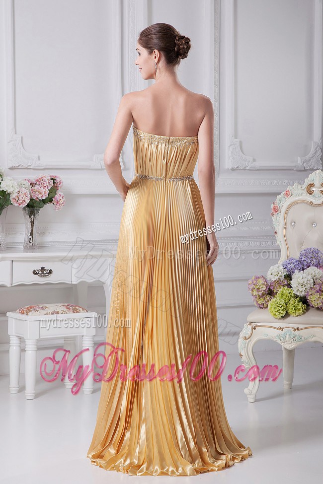 Pleat Over Skirt and Beading For Gold Prom Dress Custom Made