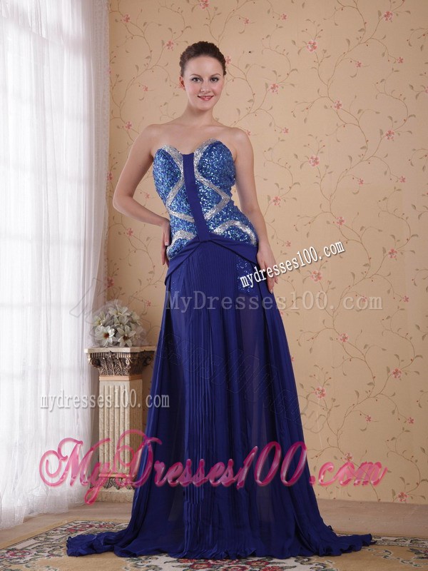 Royal Blue Empire Sweetheart Brush Train Beading Pleat Pageant Dresses