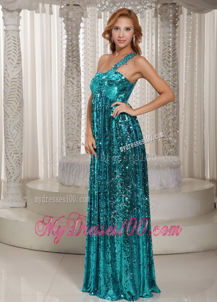 Teal Paillette Over Skirt One Shoulder Luxurious Pageant Dresses