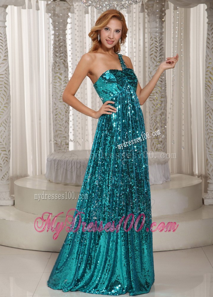 Teal Paillette Over Skirt One Shoulder Luxurious Pageant Dresses