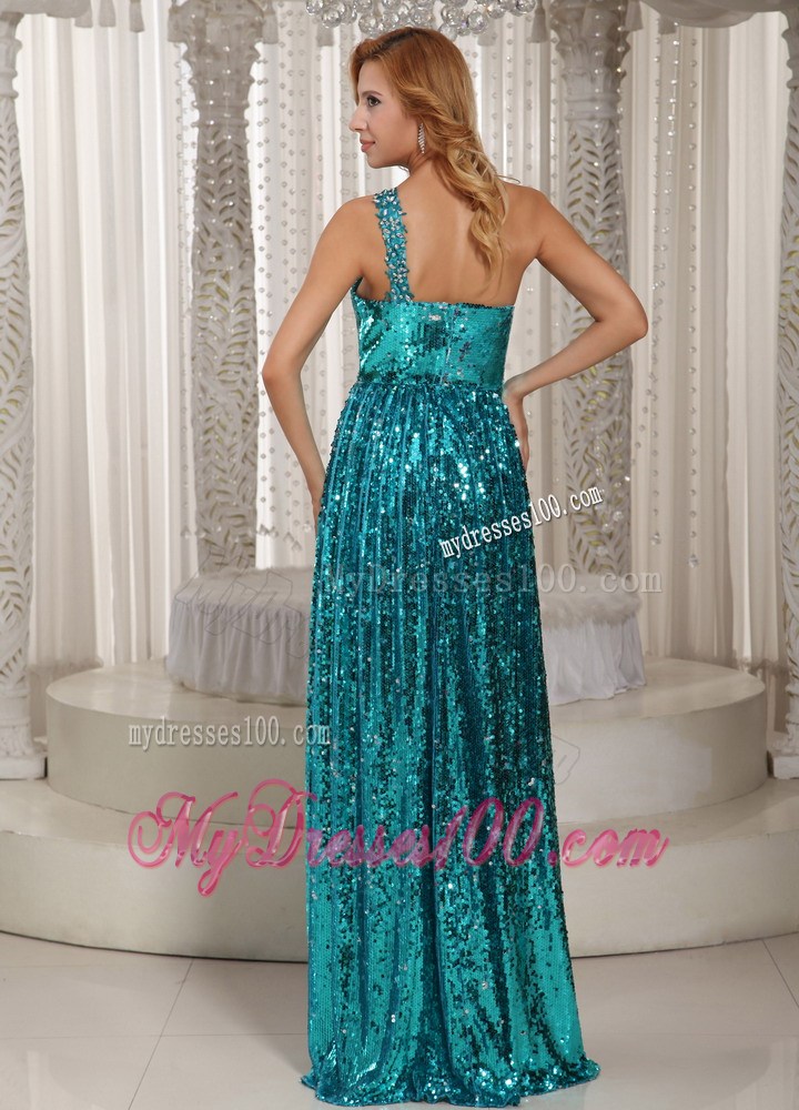 Teal Paillette Over Skirt One Shoulder Luxurious Pageant Dresses