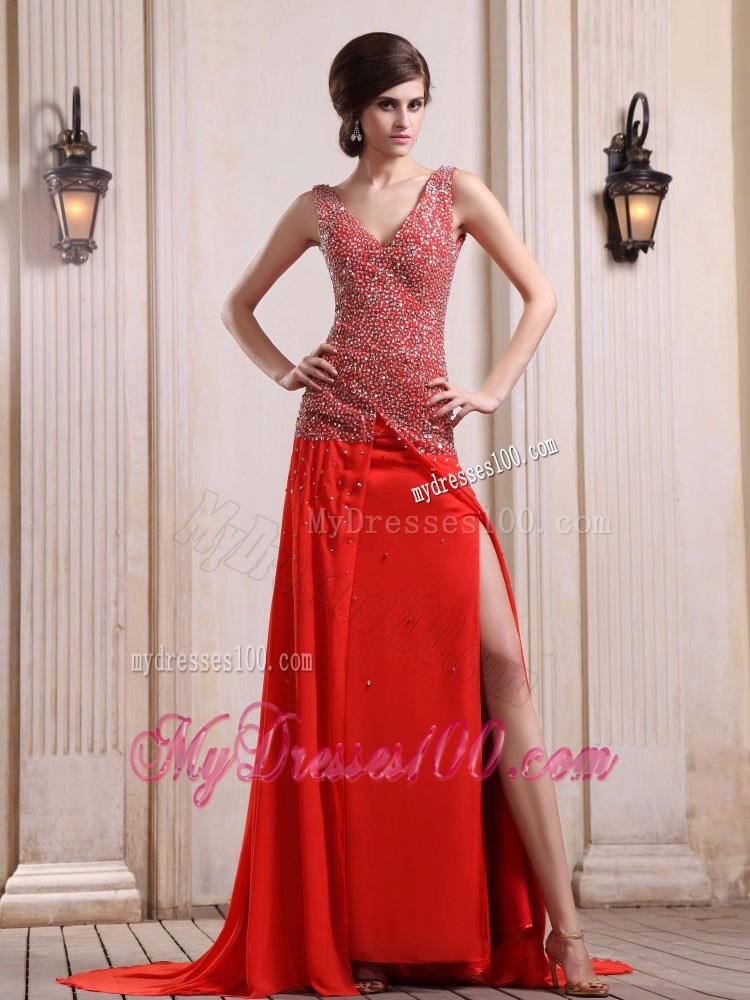 Red Pageant Dresses With Beaded and High Slit Court Train V-neck