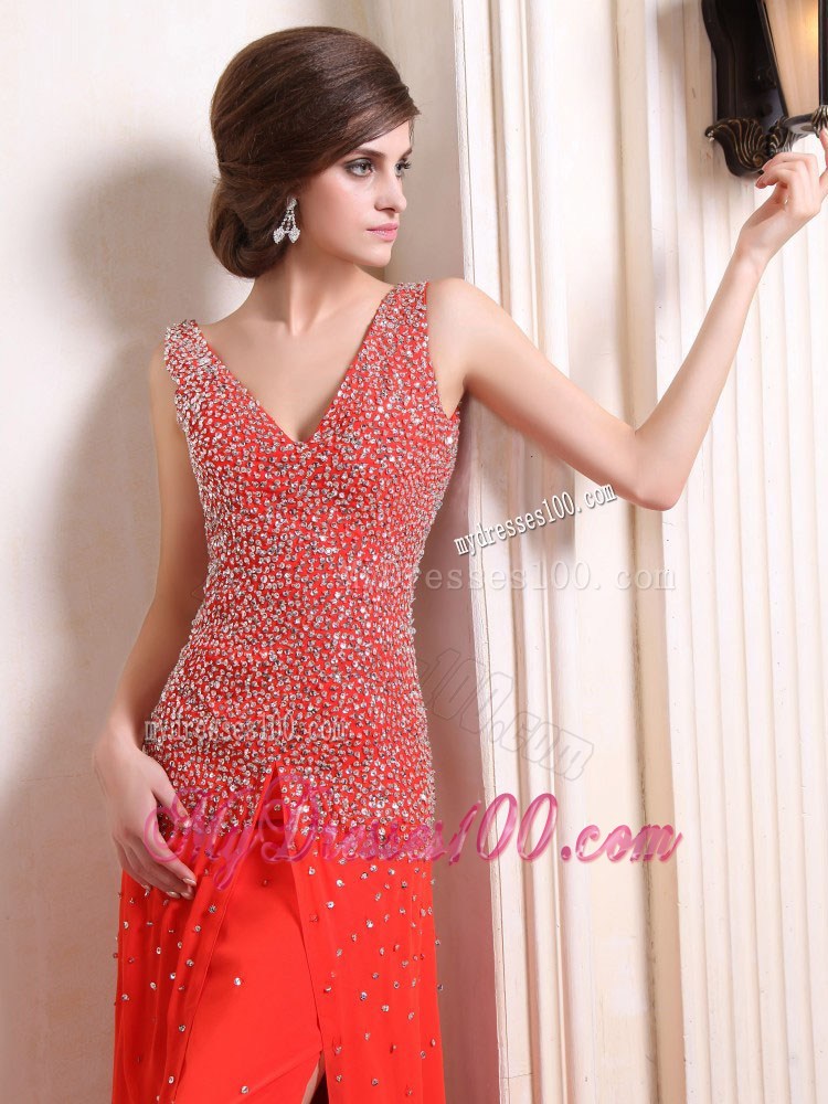 Red Pageant Dresses With Beaded and High Slit Court Train V-neck