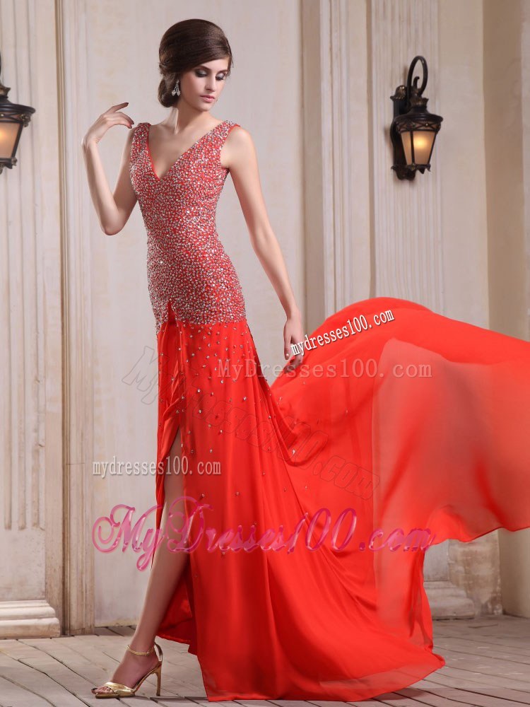Red Pageant Dresses With Beaded and High Slit Court Train V-neck