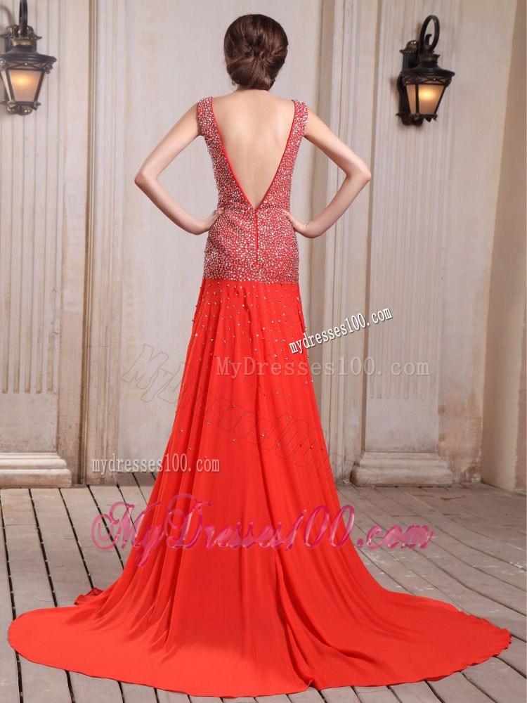 Red Pageant Dresses With Beaded and High Slit Court Train V-neck