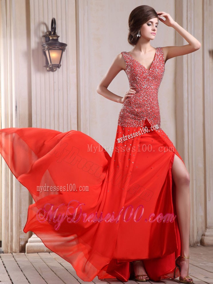 Red Pageant Dresses With Beaded and High Slit Court Train V-neck